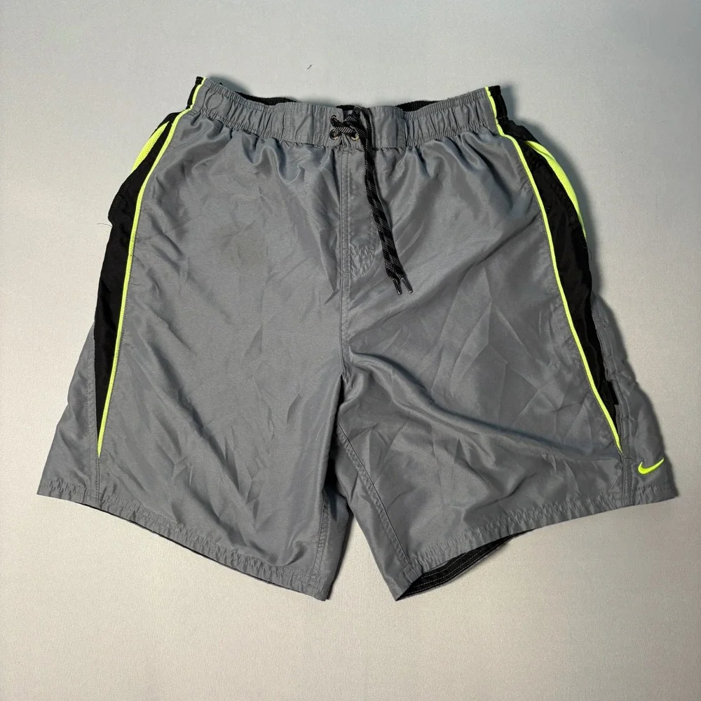 Nike Mens Gray Black Neon Yellow Swim Trunks Mesh Lined Shorts NESS7421 L